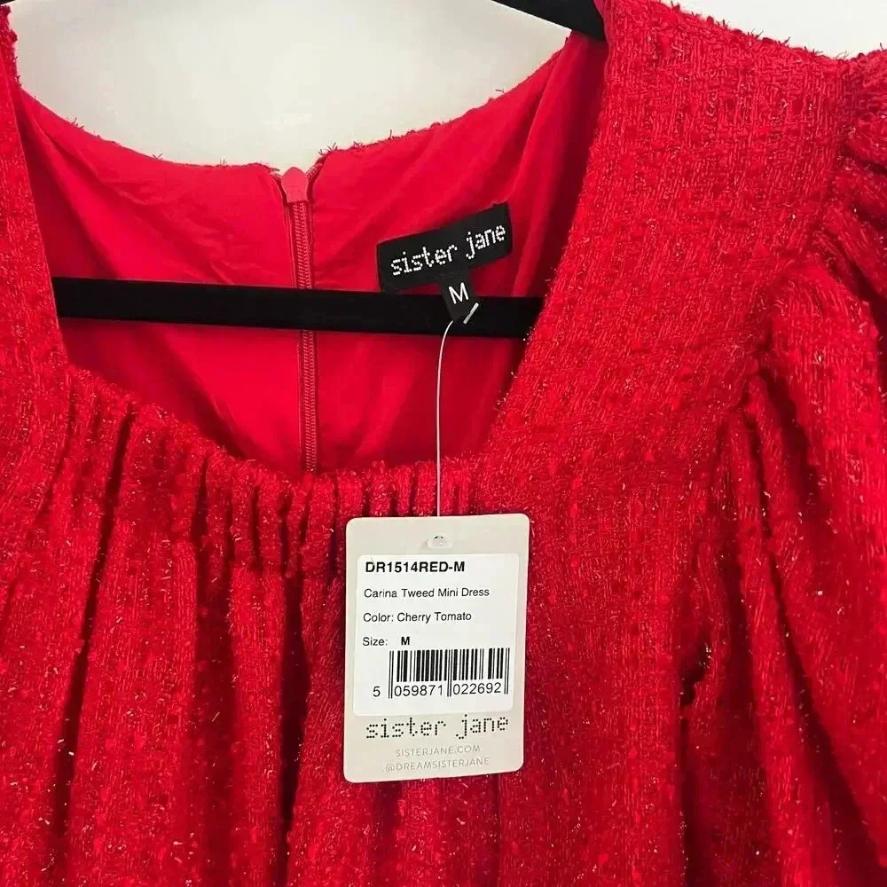NWT Sister Jane Carina Red Tweed Mini Dress Size Medium Puff Sleeve Tiered - Picture 8 of 9